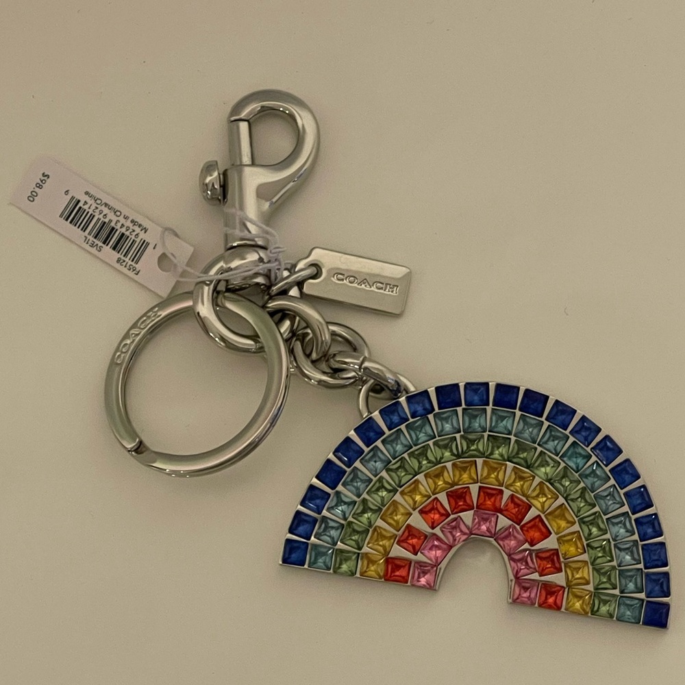 SUPER RARE Coach Rainbow Crystal Silver Bag Charm Keychain - Style F65128
